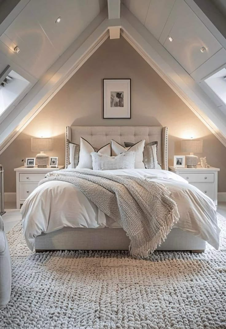 an attic bedroom with white bedding and pillows