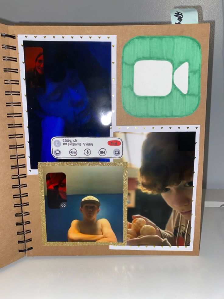 a scrapbook with pictures and other things on it that include a man's face