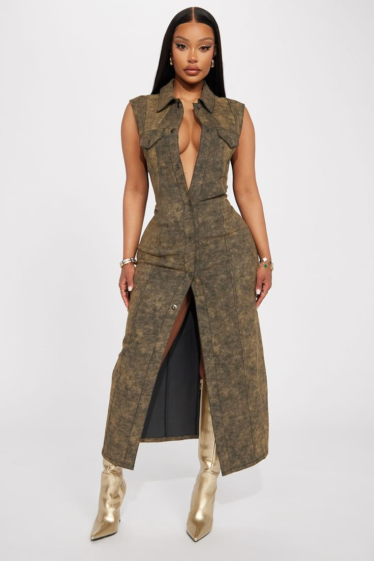 Sadie Denim Maxi Dress - Olive Sleeveless Cotton Denim Dress For Fall, Fall Sleeveless Denim Dress With Pockets, Fitted Sleeveless Denim Dress For Fall, Sleeveless Dress With Snap Buttons, Olive Board, Chrome Industries, Stylish Black Women, Long Denim Dress, Athleisure Outfits Summer