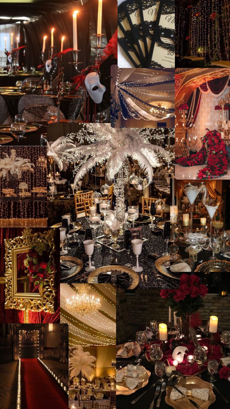 a collage of pictures with candles, plates and other items in them on display