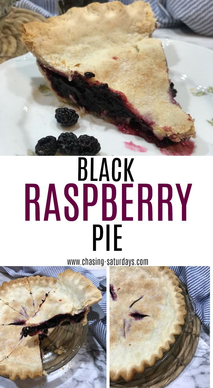 black raspberry pie on a white plate with blueberries in the background and text overlay that reads, black raspberry pie