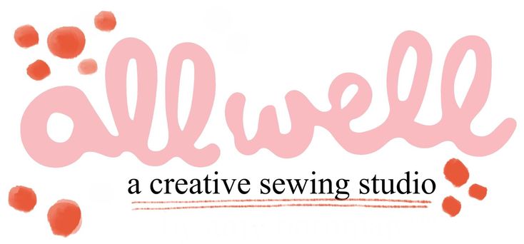 the logo for a creative sewing studio with red and orange dots on it's letters