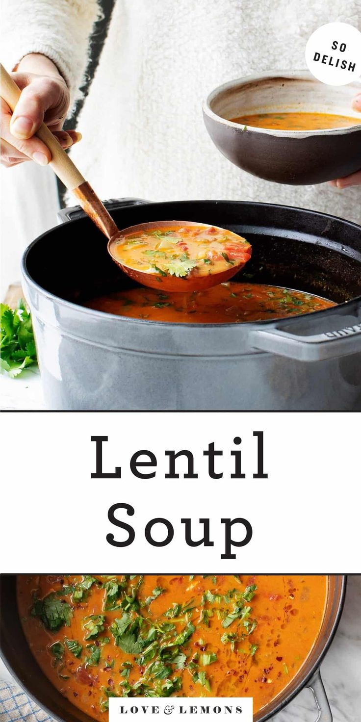 lentil soup in a pot with a wooden spoon being stirred by a ladle