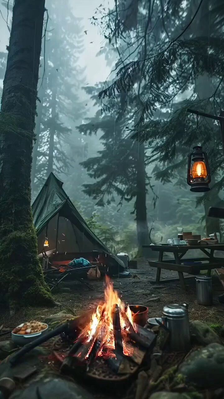 a campfire in the middle of a forest filled with camping gear and food on top of it