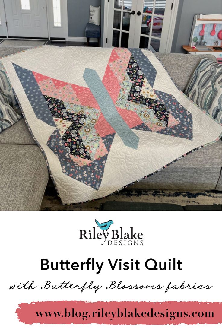 a couch with a quilt on it and the words, butterfly visit quilt written below