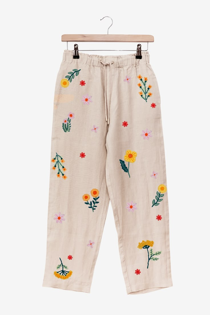 Golden Blooms Easy Embroidery Pattern - DMC Embroidery On Pants, Clothes Paint, Dandiya Dress, Sunny Flowers, Women Trousers Design, Cotton Tops Designs, Embroidery Pants, Hipster Pants, Embroidery Items