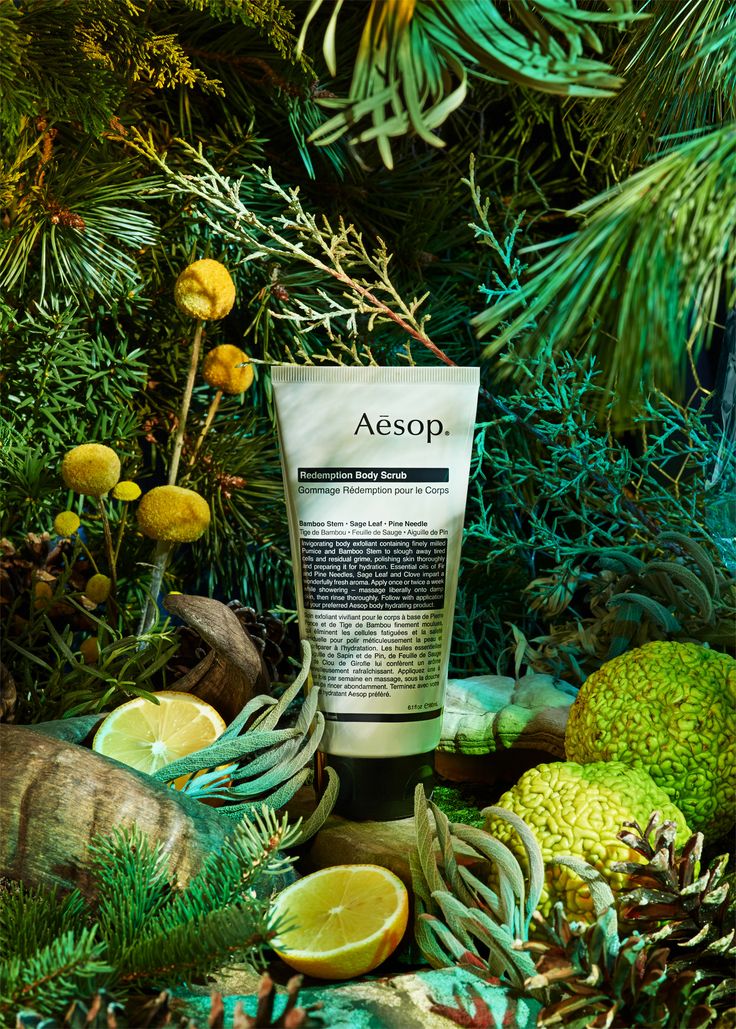 a tube of aesop surrounded by pine cones and other evergreen branches, with lemons in the foreground