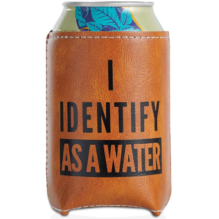 a leather can holder with an i identity as a water label on it