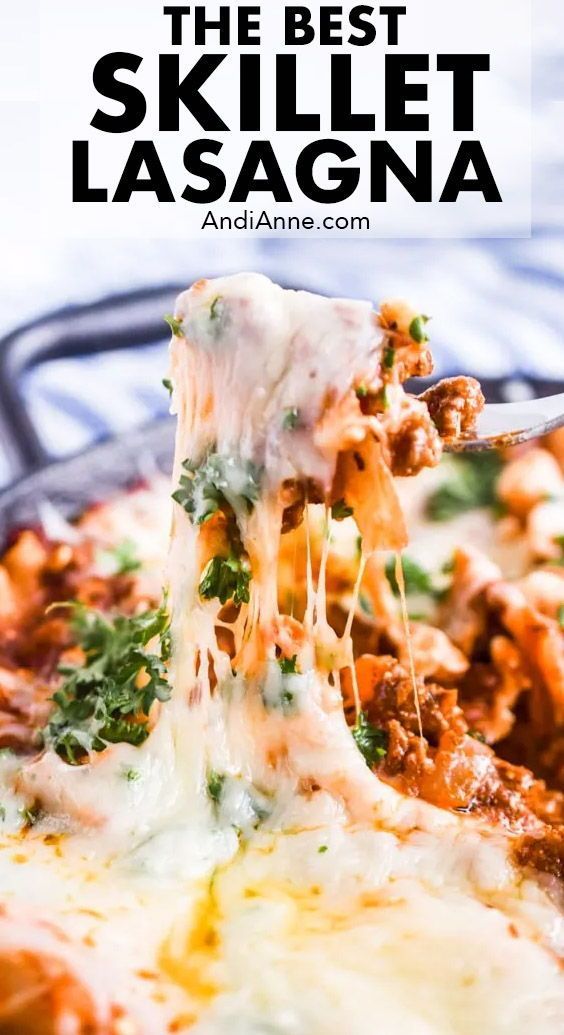 the best skillet lasagna with cheese and meat is being lifted by a spatula