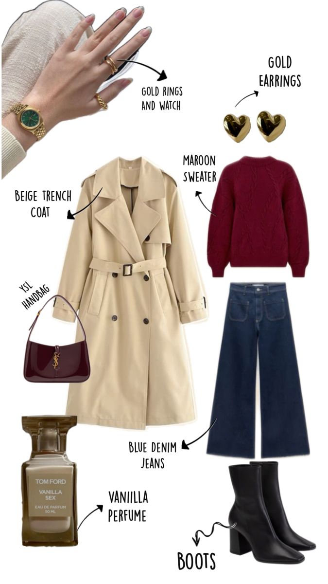 A perfect classy ootd for winters to carry to your work or on a casual outing !! Warm Tone Outfits, French Winter Style, Clemence Poesy Style, Classy Ootd, Winter Style Guide, Ysl Handbags, Clemence Poesy, Beige Trench Coat, Maroon Sweater