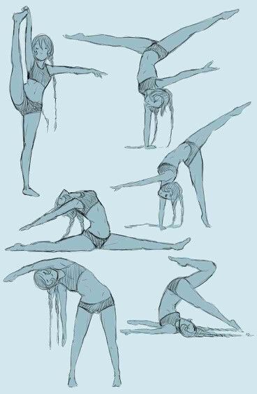 a woman doing yoga poses in various positions, including handstand and standing on one leg