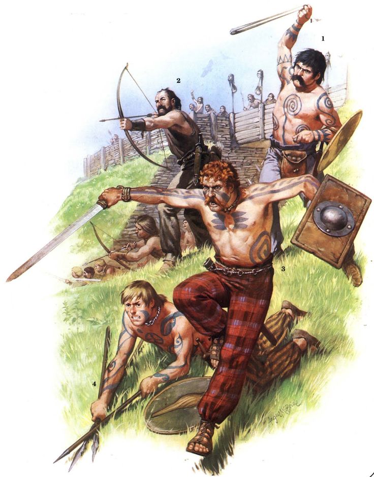 an image of men with spears and arrows in their hands, one man is aiming at the other