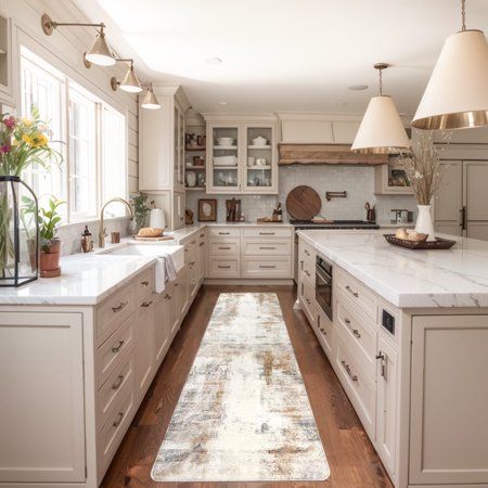 a large kitchen with white cabinets and wooden flooring, along with a rug in the middle