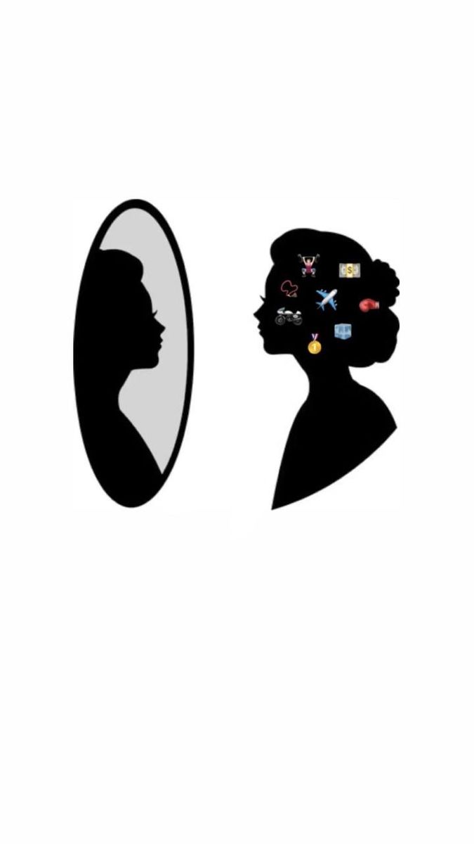 the silhouette of a woman in front of a mirror with icons on her head and hair