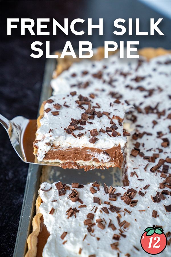 french silk slab pie with chocolate shavings on top and text overlay that reads, how to make french silk slab pie