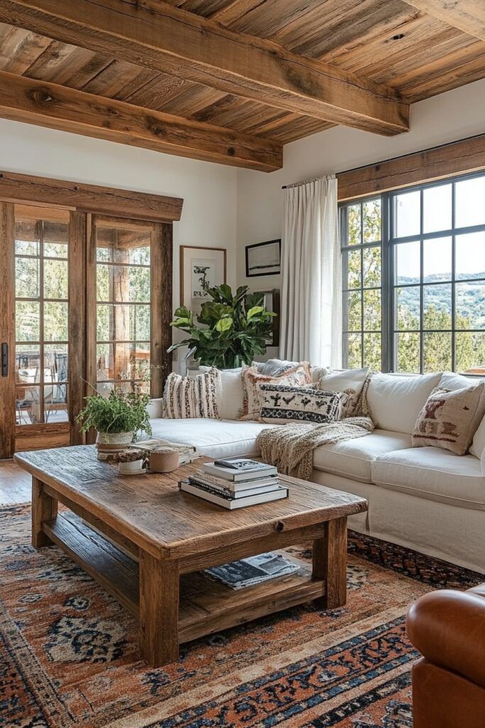 a living room filled with furniture and lots of wooden beams on the ceiling, along with large windows