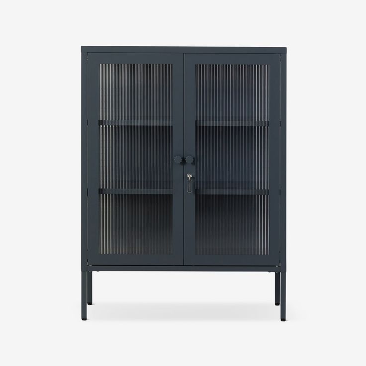 a black cabinet with two doors and shelves