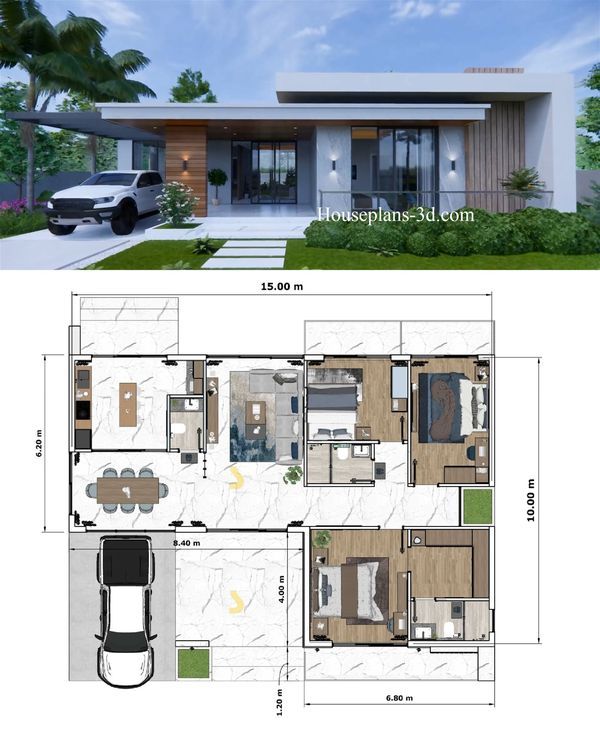 two story house plans with garage and living room in the middle, one bedroom on each floor