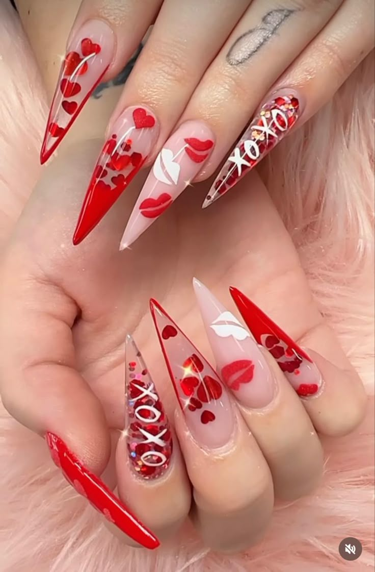 Stiletto Nail Valentines Day, Stiletto Nails Valentines Designs, Pointy Nails Valentines, Pretty Valentines Day Nails, Valentine’s Day Encapsulated Nails, Valentines Stilleto Nails Designs, Valentine’s Day Nails Long Stiletto, Pink Valentines Day Nails Stiletto, Valentine Almond Nails Designs