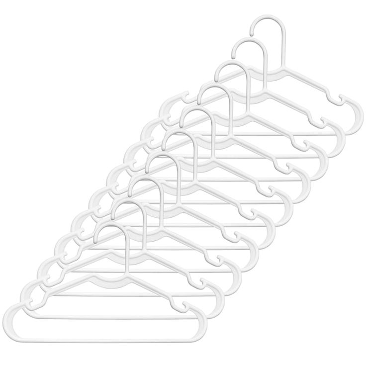 a set of five white plastic hangers on a white background with clippings