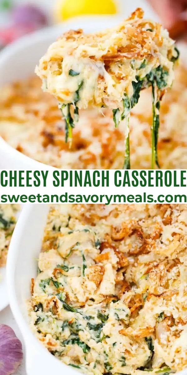 cheesy spinach casserole in a white bowl