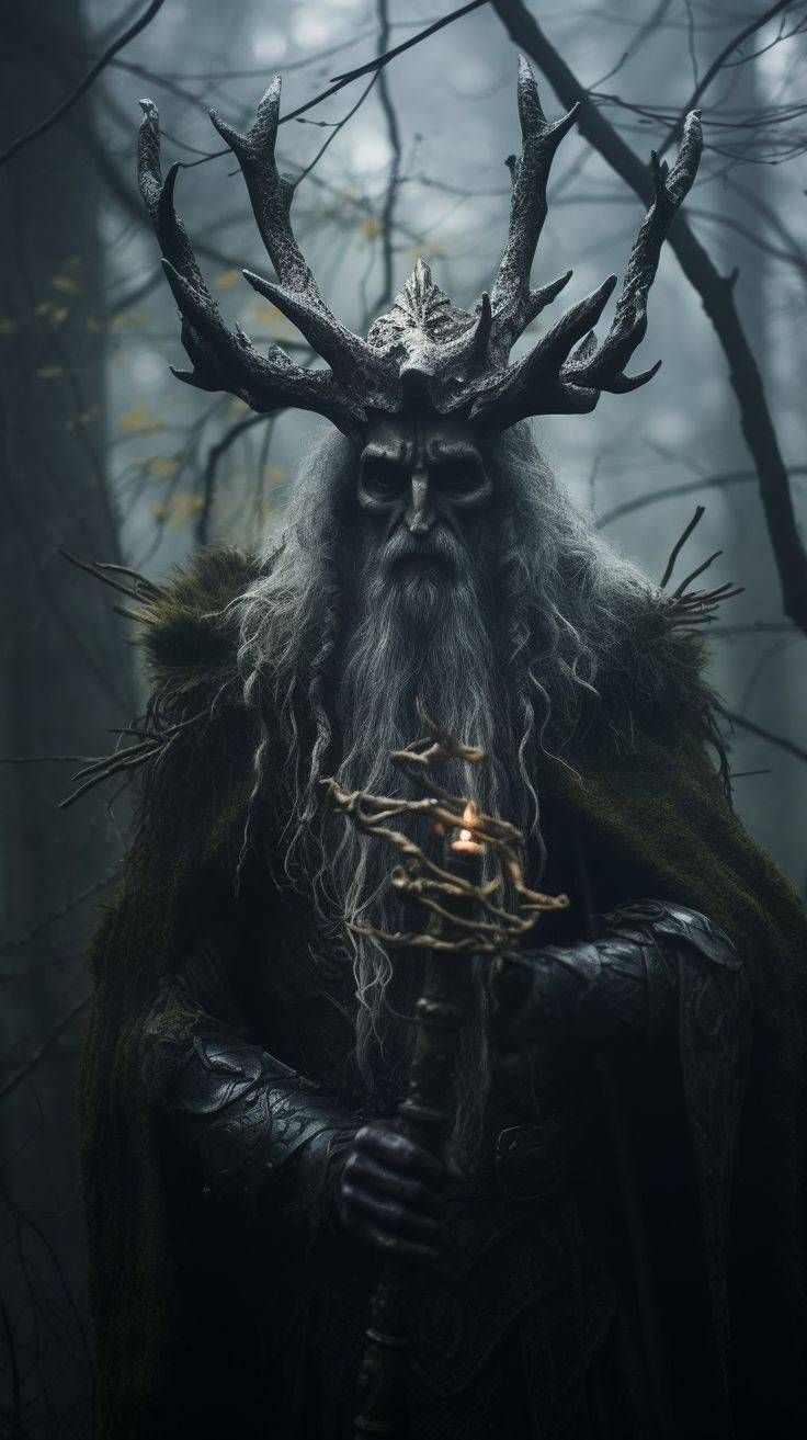 a man with long hair and horns holding a candle in his hand while standing in the woods