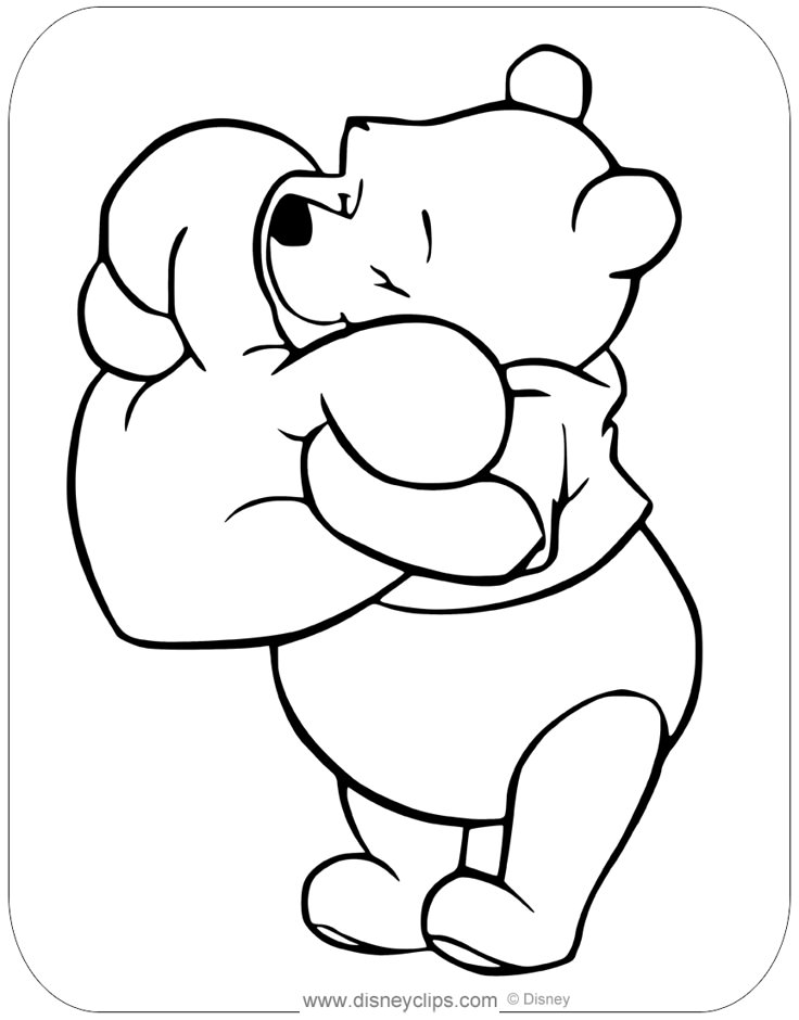 winnie the pooh hugging her teddy bear with his arms around her neck and chest