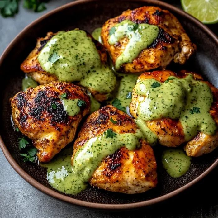 chicken with green sauce in a bowl next to lime wedges and cilantro