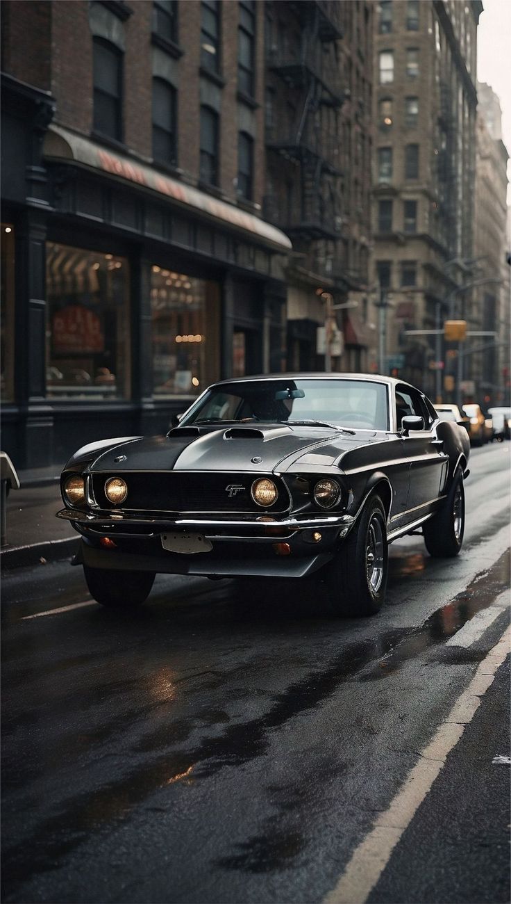 an old muscle car driving down the street in front of tall buildings on a rainy day