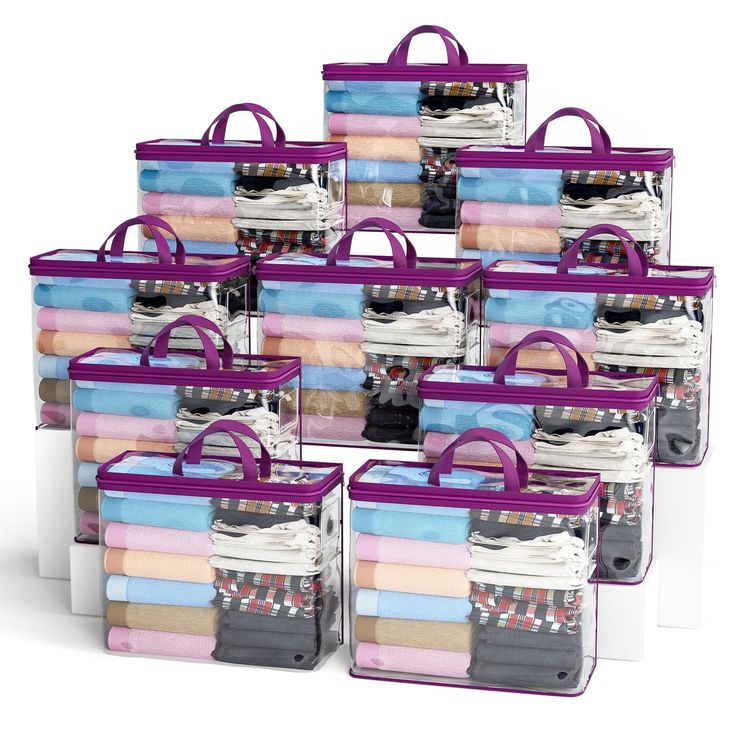 a set of six clear storage bags with different types of clothes in them and one purple bag on top