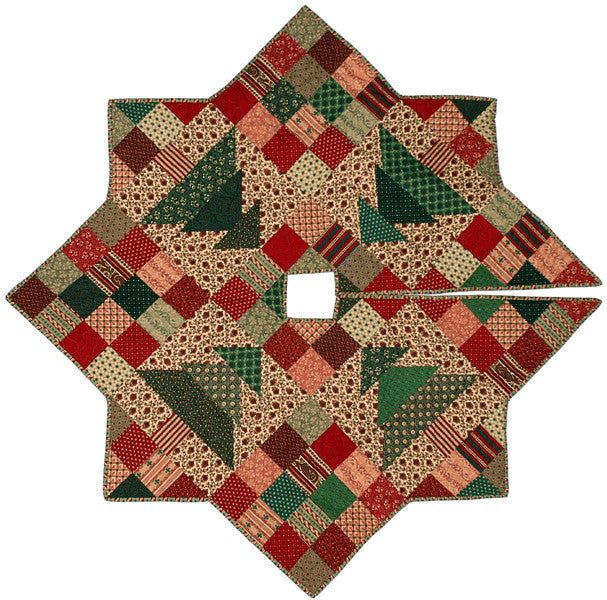 a patchwork christmas tree ornament is shown in red and green