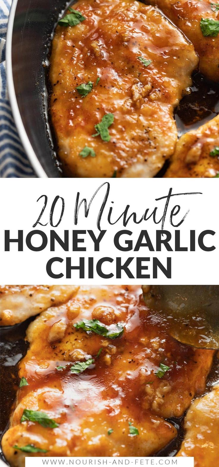 honey garlic chicken in a skillet with text overlay