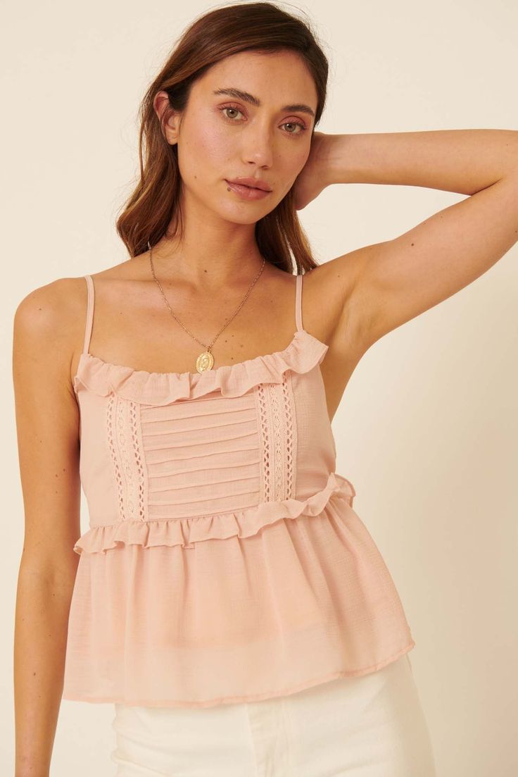 Kiss Me Quick Ruffled Lace-Trim Cami Top - ShopPromesa Lace Trim Cami Top, Lace Trim Cami, Pleated Bodice, Peplum Hem, Cami Top, Cami Tops, Kiss Me, Scoop Neckline, Lace Trim