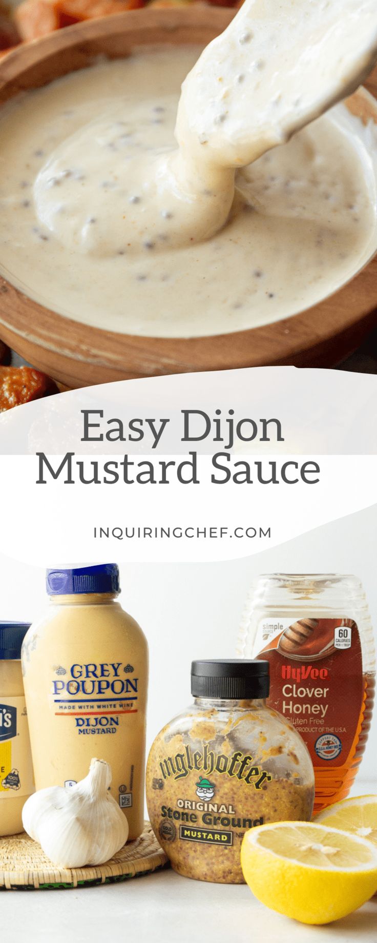 homemade dijond mustard sauce in a bowl with lemons and garlic