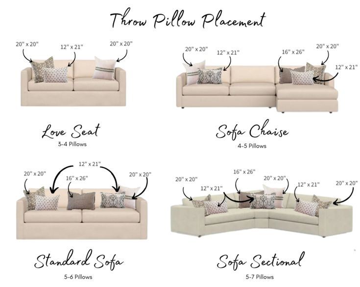 four different types of couches and pillows with measurements for each one sofa is shown