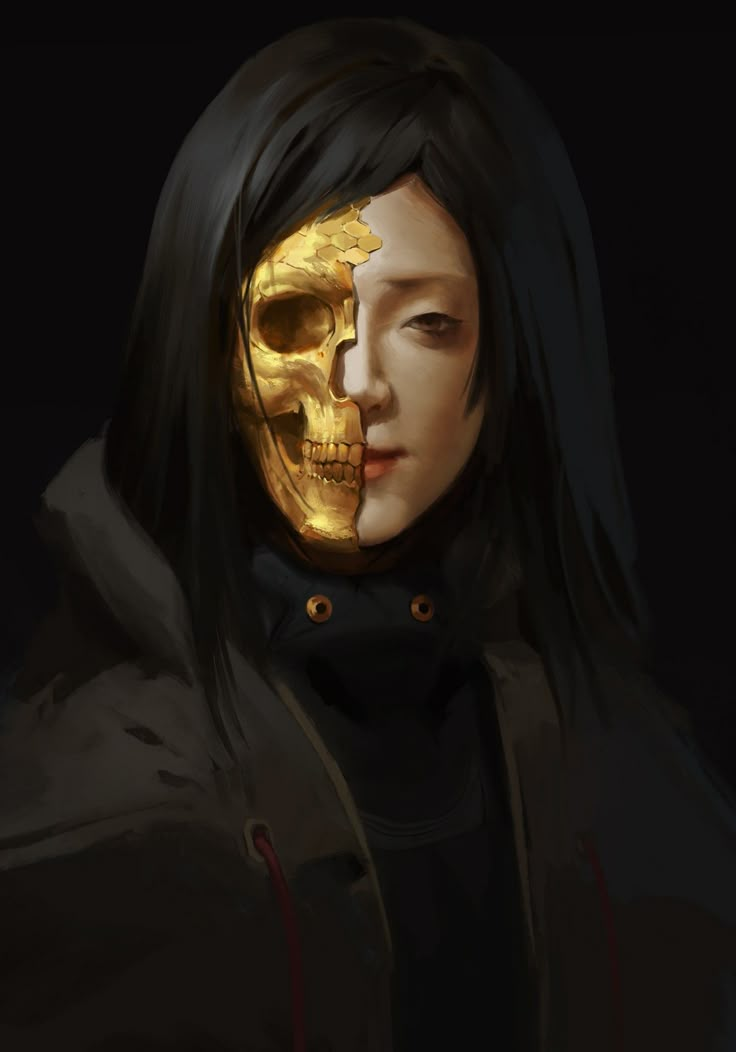 a woman with a gold skull on her face and a black hoodie over her head