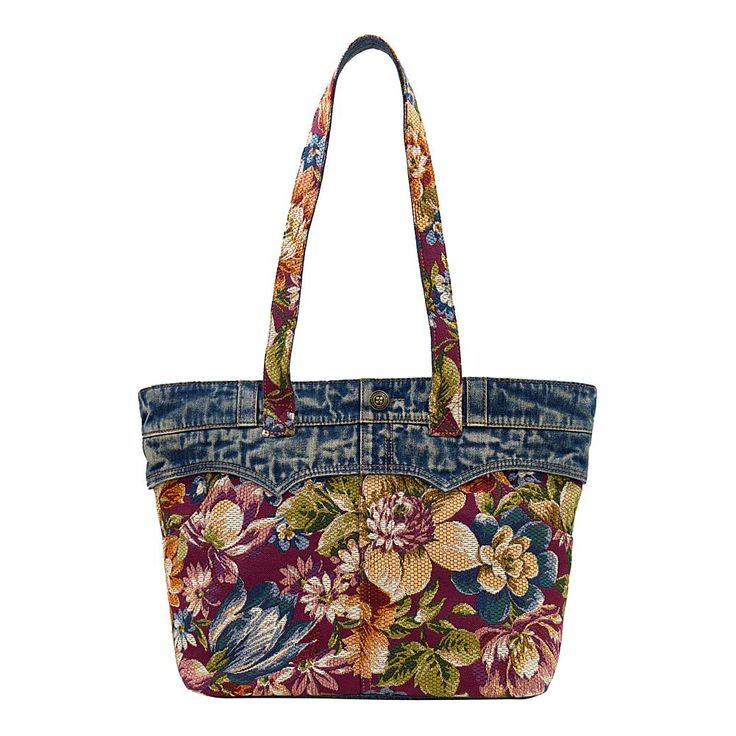 Patricia Nash Ambrose Floral Tapestry and Denim Tote A beautiful fusion of tapestry with denim, the Ambrose is the tote that does the most. Easy and casual, yet elegant, this bag has plenty of room for your wallet, book, electronics and more. The woven tapestry design is a gorgeous rendering of florals, while the denim trim provides an edginess to the overall femininity of this take-anywhere bag. Ireland Fashion, Denim Ideas, Woven Tapestry, Denim Tote Bags, Bags And Totes, Denim Tote, Floral Tapestry, Bag Icon, Tapestry Weaving