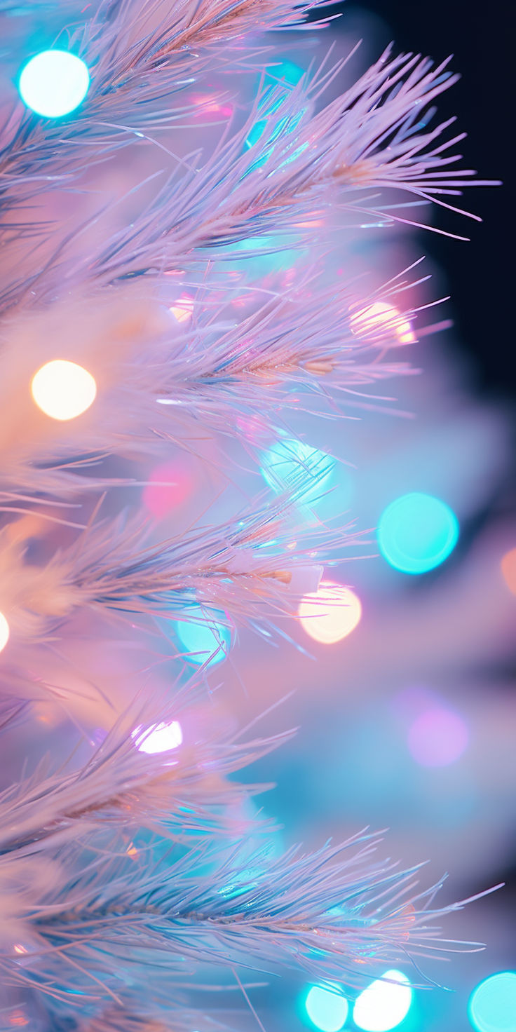 a close up view of a blue and white christmas tree with lights in the background