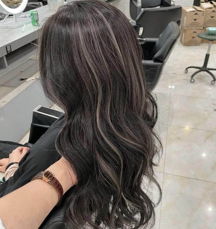 Light Streaks In Black Hair, Black Hair With Cool Brown Highlights, Dyed Hair For Latinas, Black Hair Soft Highlights, Black Balayage Hair Blonde, Brownish Black Hair With Highlights, Cool Highlights On Black Hair, Ash Hair Highlights For Dark Hair, Cool Tone Brown Highlights On Black Hair