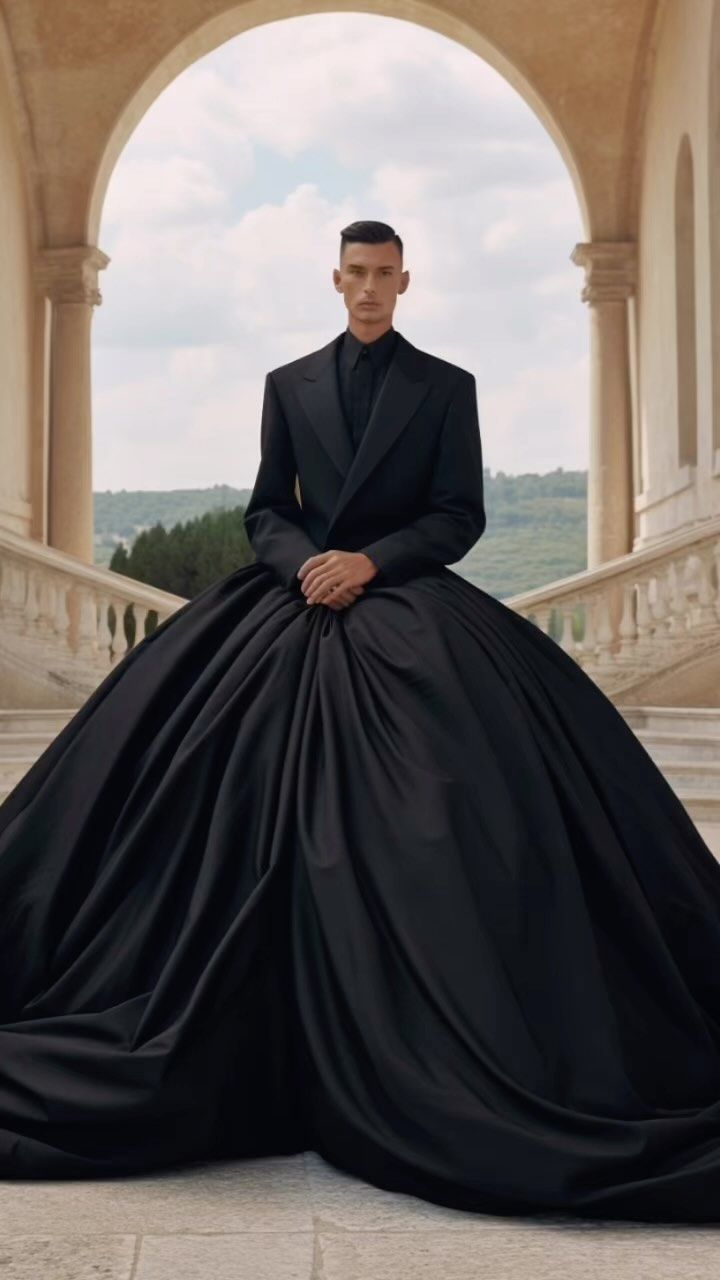 a man in a tuxedo is posing for a photo wearing a black gown