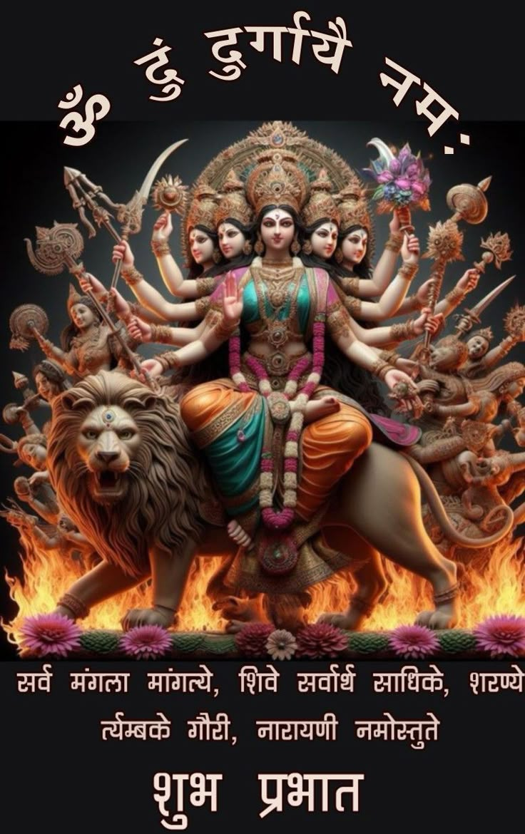 the hindu god sitting on top of a lion in front of fire and surrounded by other deities