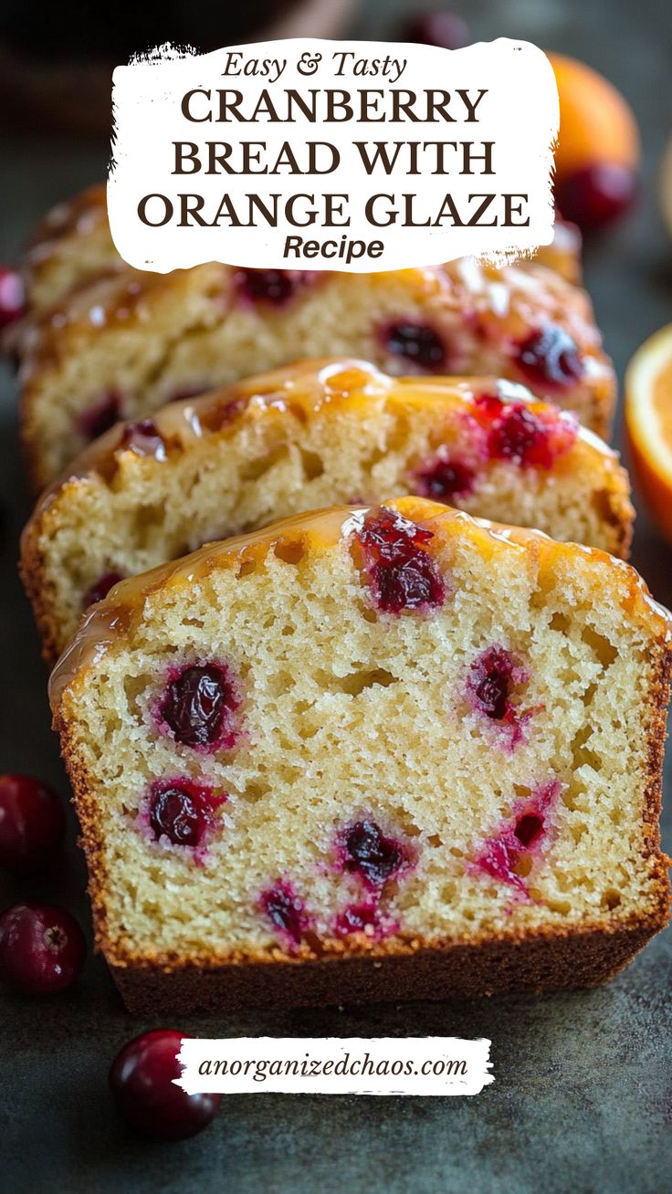 cranberry bread with orange glaze is cut into slices