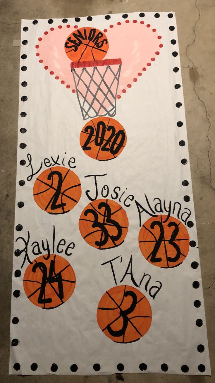 a paper sign with basketballs and numbers on it