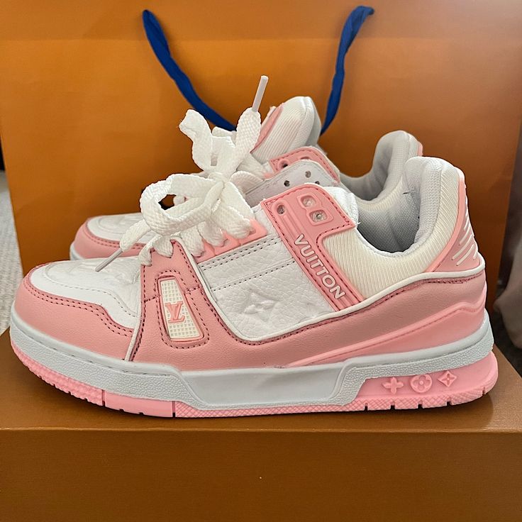 Brand New Baby Pink Lv Trainers. Too Small For Me So I Didn’t Get The Chance To Wear Them But I Absolutely Love Them. They Discontinued This Color So I Wasn’t Able To Get My Size. This Is A 37 But Fits Like A 6 Luxury Pink Sneakers, Pink Lv Air Force 1, Louis Vuitton Sneakers Women, Lv Trainers, Pink Louis Vuitton, Louis Vuitton Trainers, Louis Vuitton Shoes Sneakers, Pretty Sneakers, Louis Vuitton Sneakers