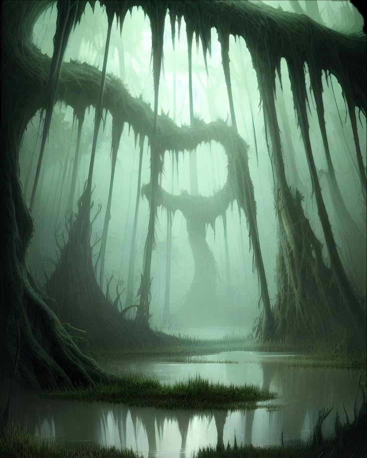 a swampy area with trees and water in the foreground, surrounded by moss