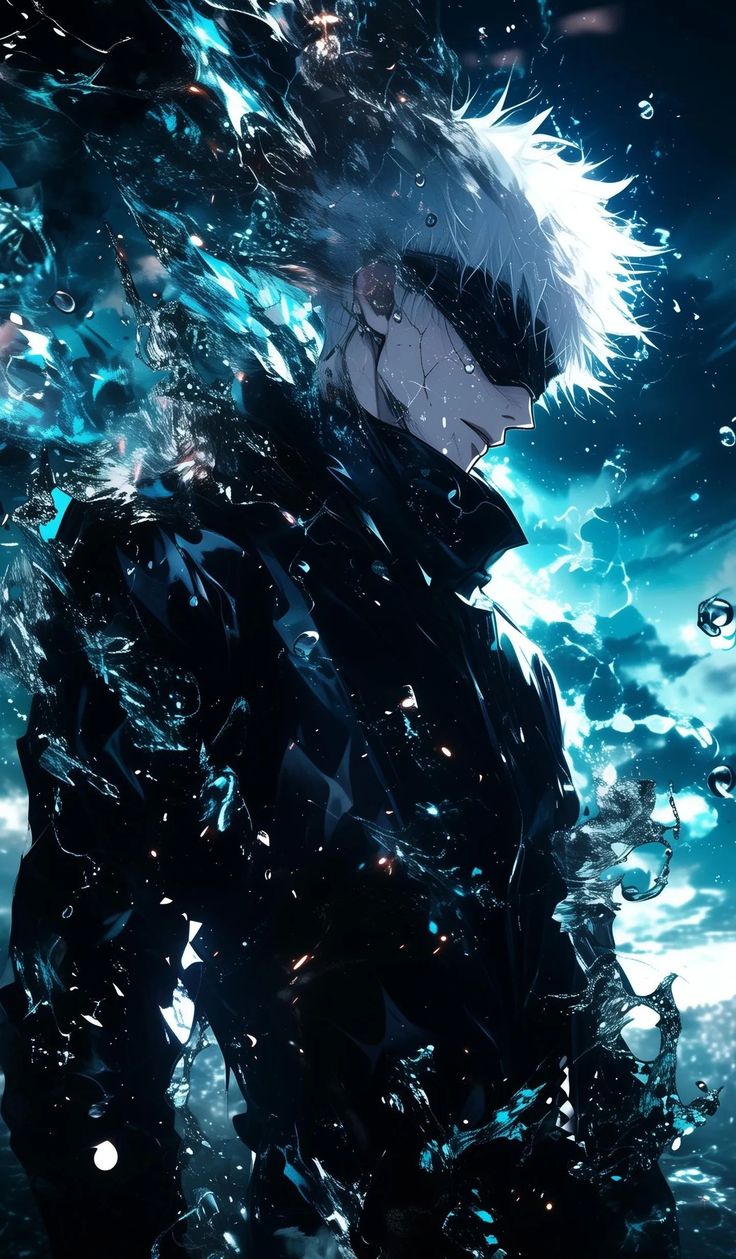 an anime character with white hair and blue eyes standing in front of water splashes