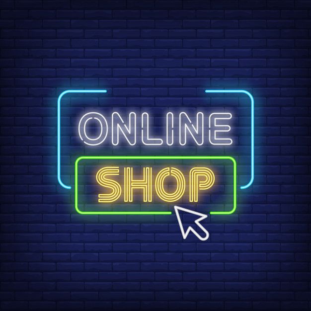 online shop neon sign with arrow pointing to the right on dark brick wall background illustration