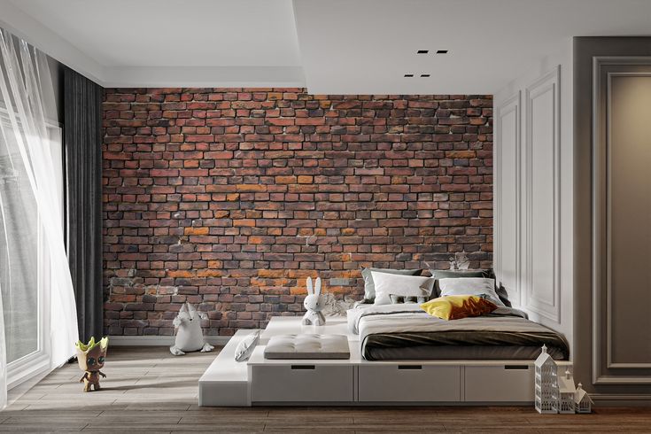 a bedroom with brick wall and white bed in the corner, along with two stuffed animals on the floor