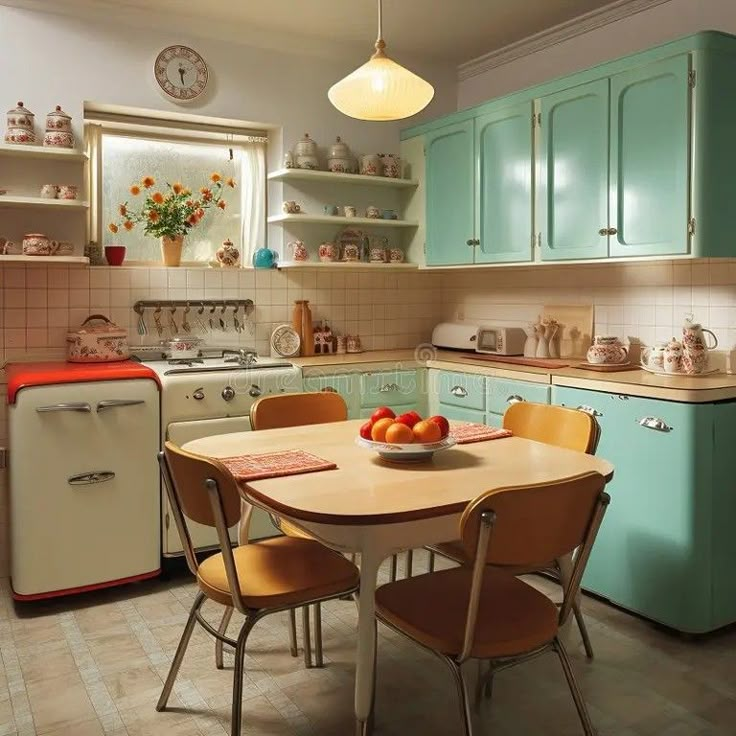 an old fashioned kitchen with blue cabinets and white appliances, including a small table that has fruit on it