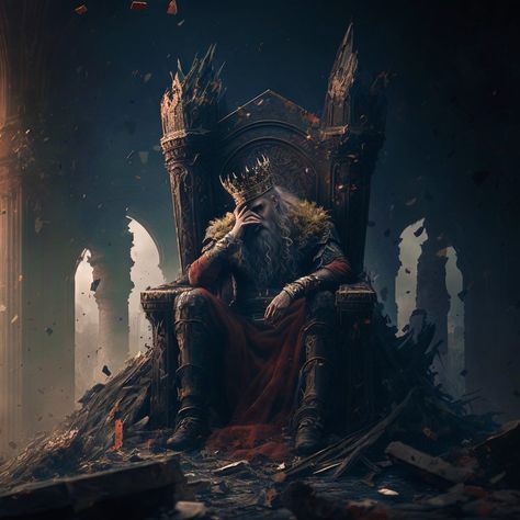 a man sitting on top of a throne in the middle of a destroyed area with lots of debris